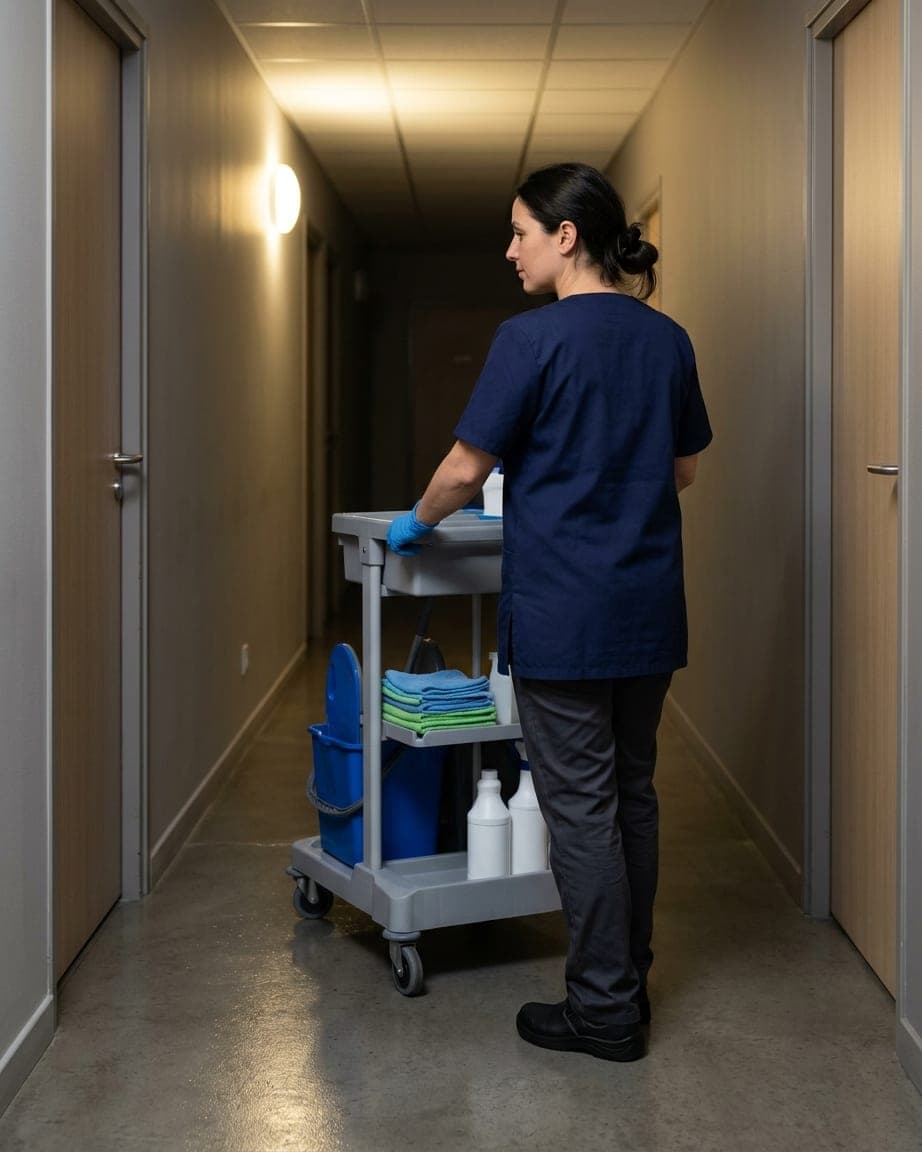 Femme vue de dos, tunique bleu nuit, avançant avec son chariot le long d’un corridor feutré aux portes closes